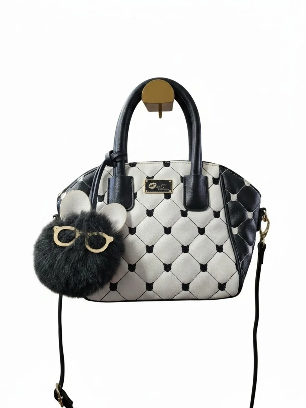 #155 Betsey Johnson Black and White Quilted Dome Satchel with Fur Charm
